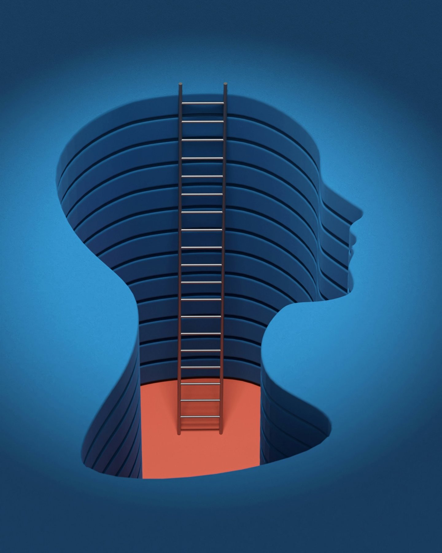 Ilustración de una cabeza con una escalera que representa el crecimiento personal